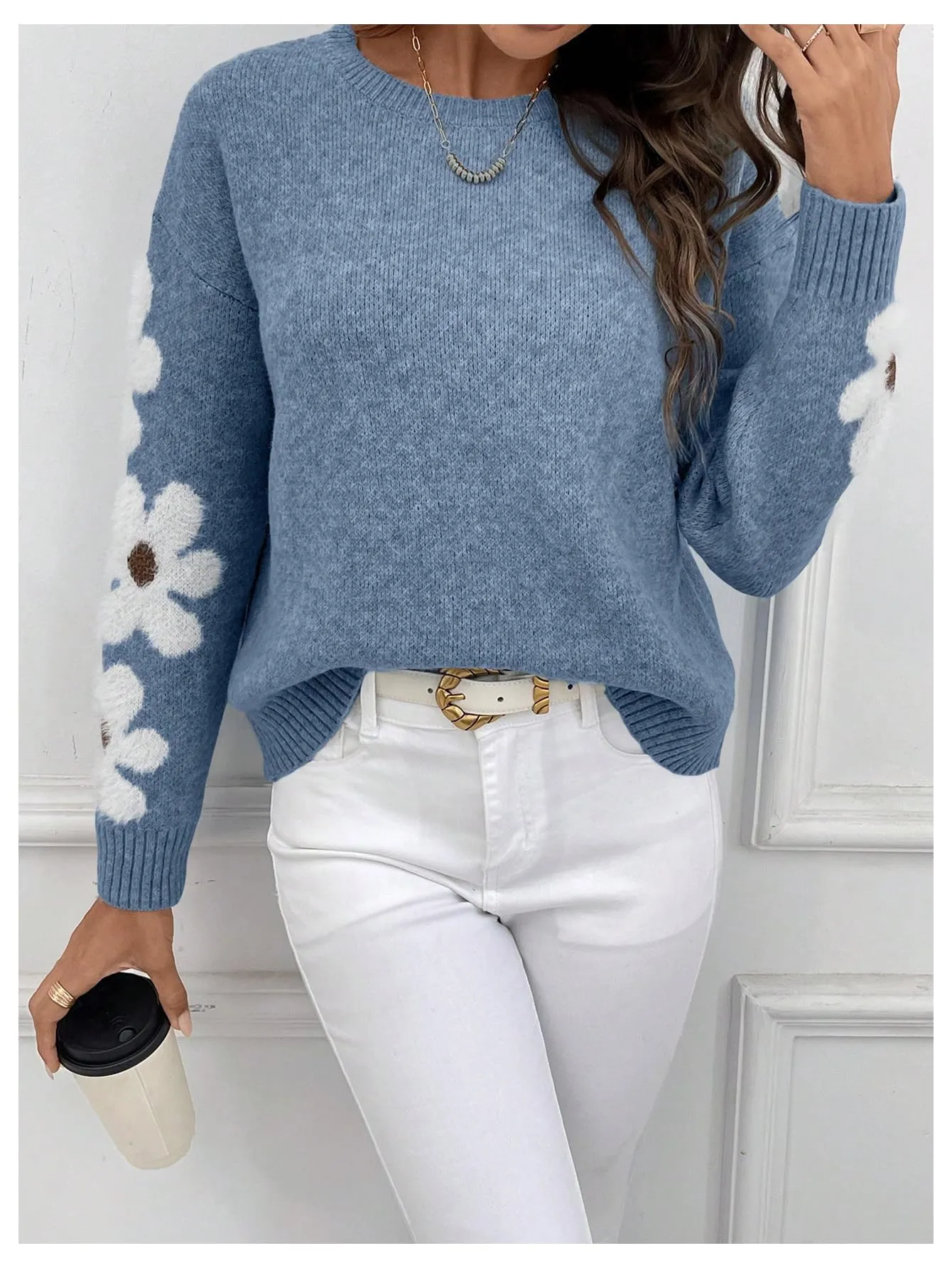 SHENHE Women's Floral Pattern Crewneck Long Sleeve Drop Shoulder Sweaters Pullover Tops Dusty Blue Large