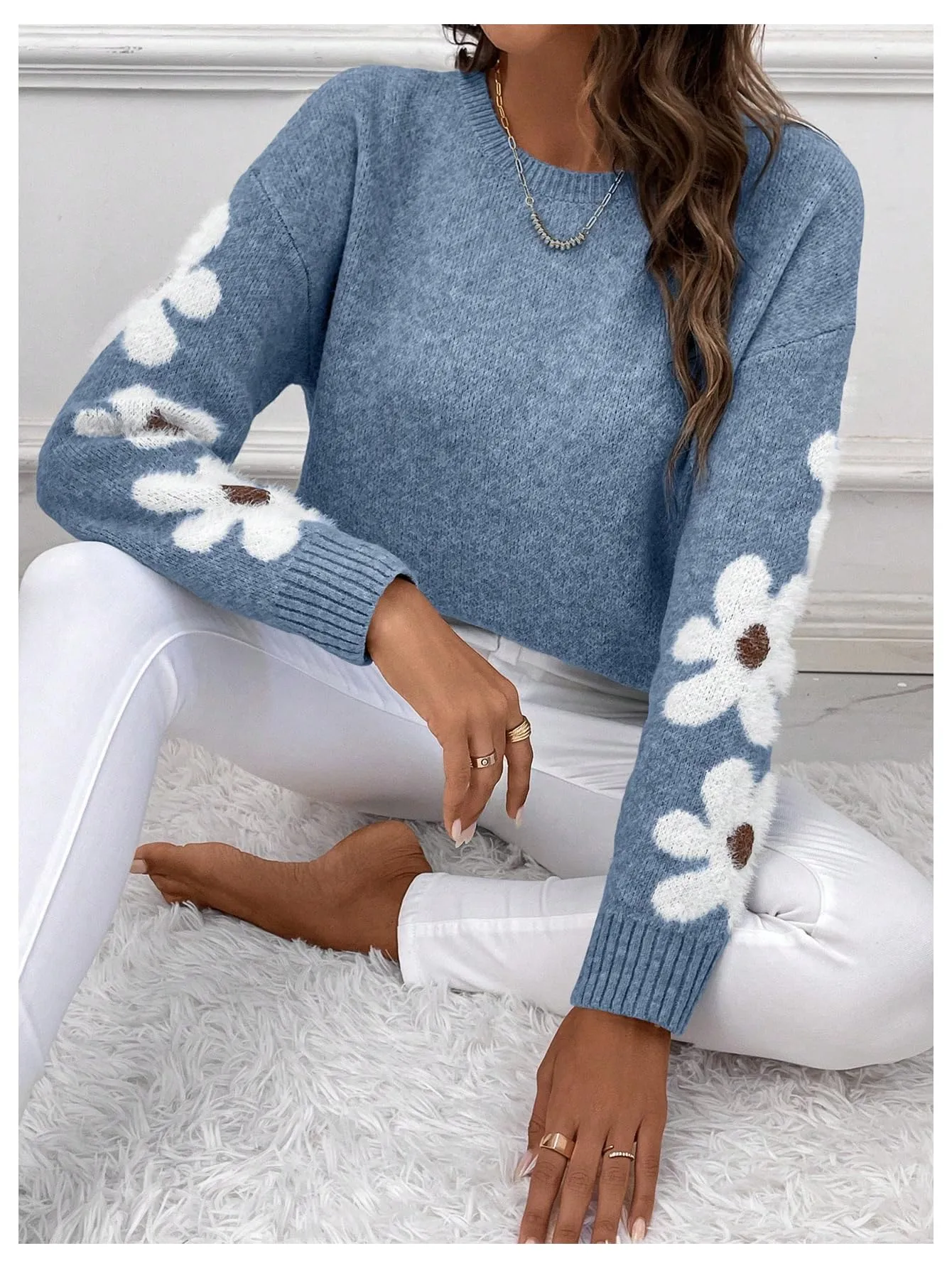 SHENHE Women's Floral Pattern Crewneck Long Sleeve Drop Shoulder Sweaters Pullover Tops Dusty Blue Large