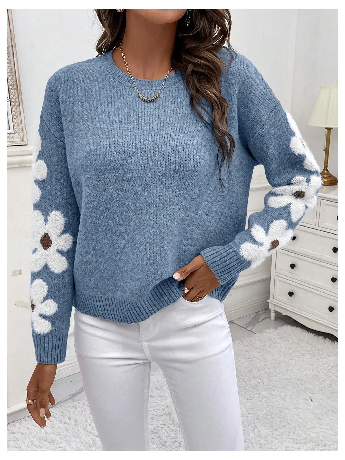 SHENHE Women's Floral Pattern Crewneck Long Sleeve Drop Shoulder Sweaters Pullover Tops Dusty Blue Large