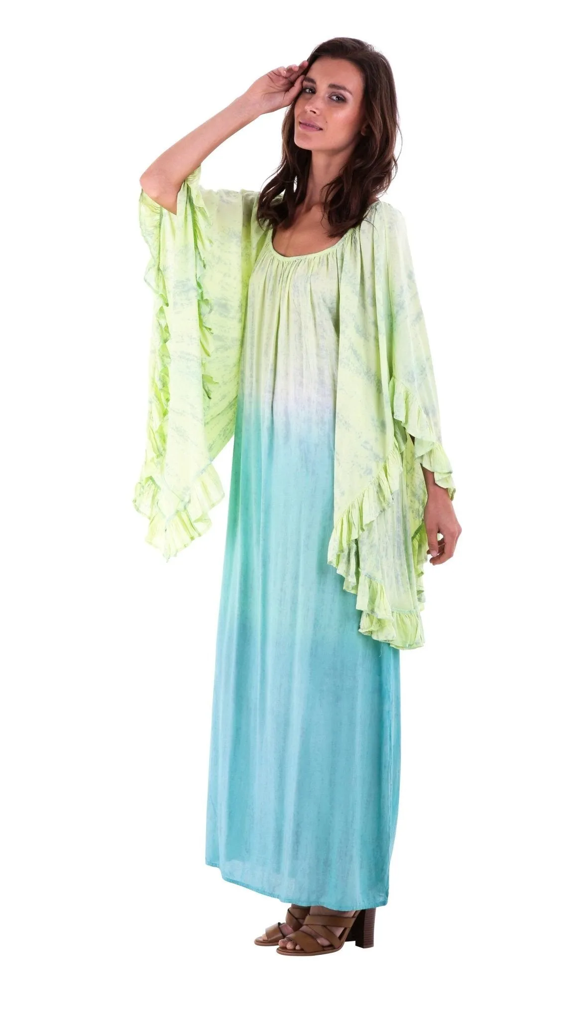 Shu-Shi Tie-Dye Caftan Dress with Trompette 3/4 Sleeves - Long, Lime/Turquoise, Small/Medium