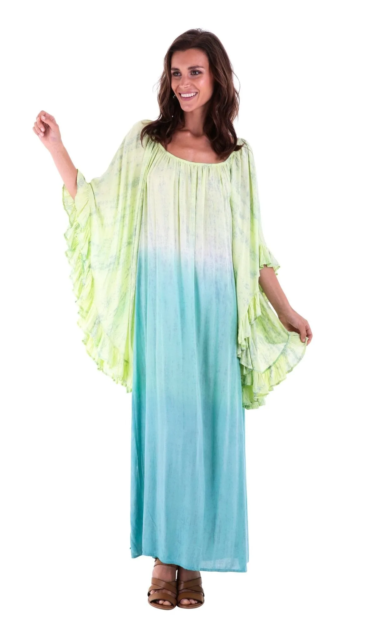 Shu-Shi Tie-Dye Caftan Dress with Trompette 3/4 Sleeves - Long, Lime/Turquoise, Small/Medium