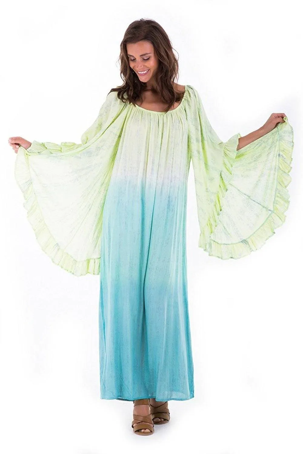 Shu-Shi Tie-Dye Caftan Dress with Trompette 3/4 Sleeves - Long, Lime/Turquoise, Small/Medium