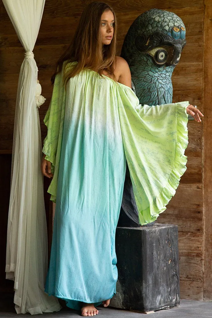 Shu-Shi Tie-Dye Caftan Dress with Trompette 3/4 Sleeves - Long, Lime/Turquoise, Small/Medium