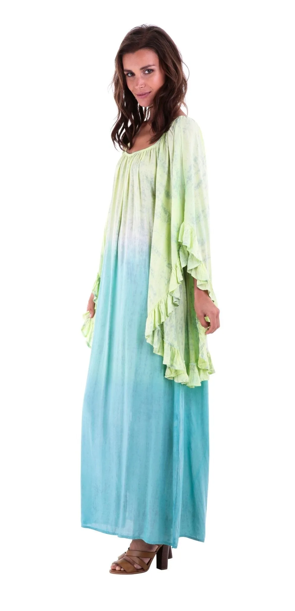 Shu-Shi Tie-Dye Caftan Dress with Trompette 3/4 Sleeves - Long, Lime/Turquoise, Small/Medium