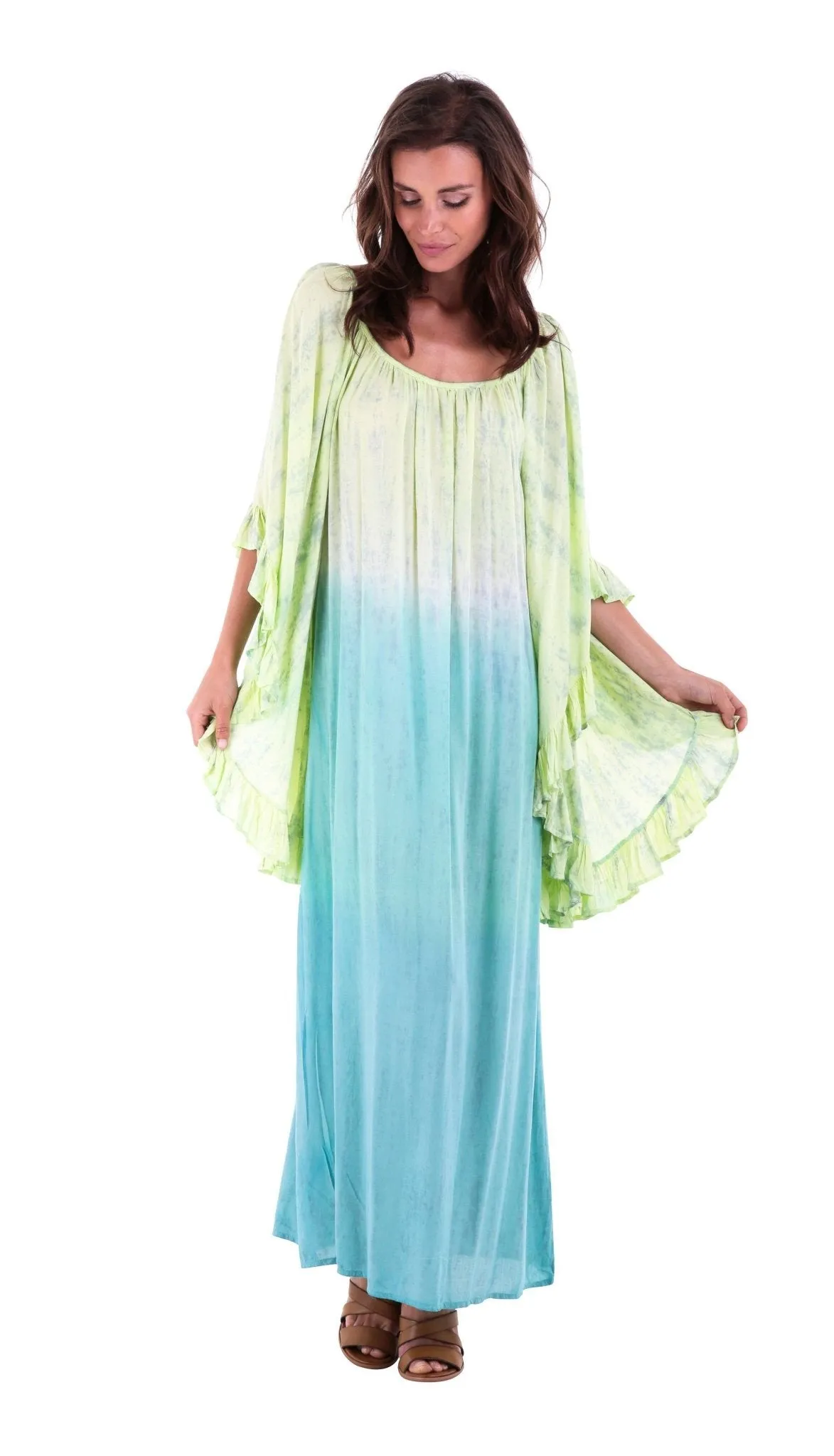 Shu-Shi Tie-Dye Caftan Dress with Trompette 3/4 Sleeves - Long, Lime/Turquoise, Small/Medium