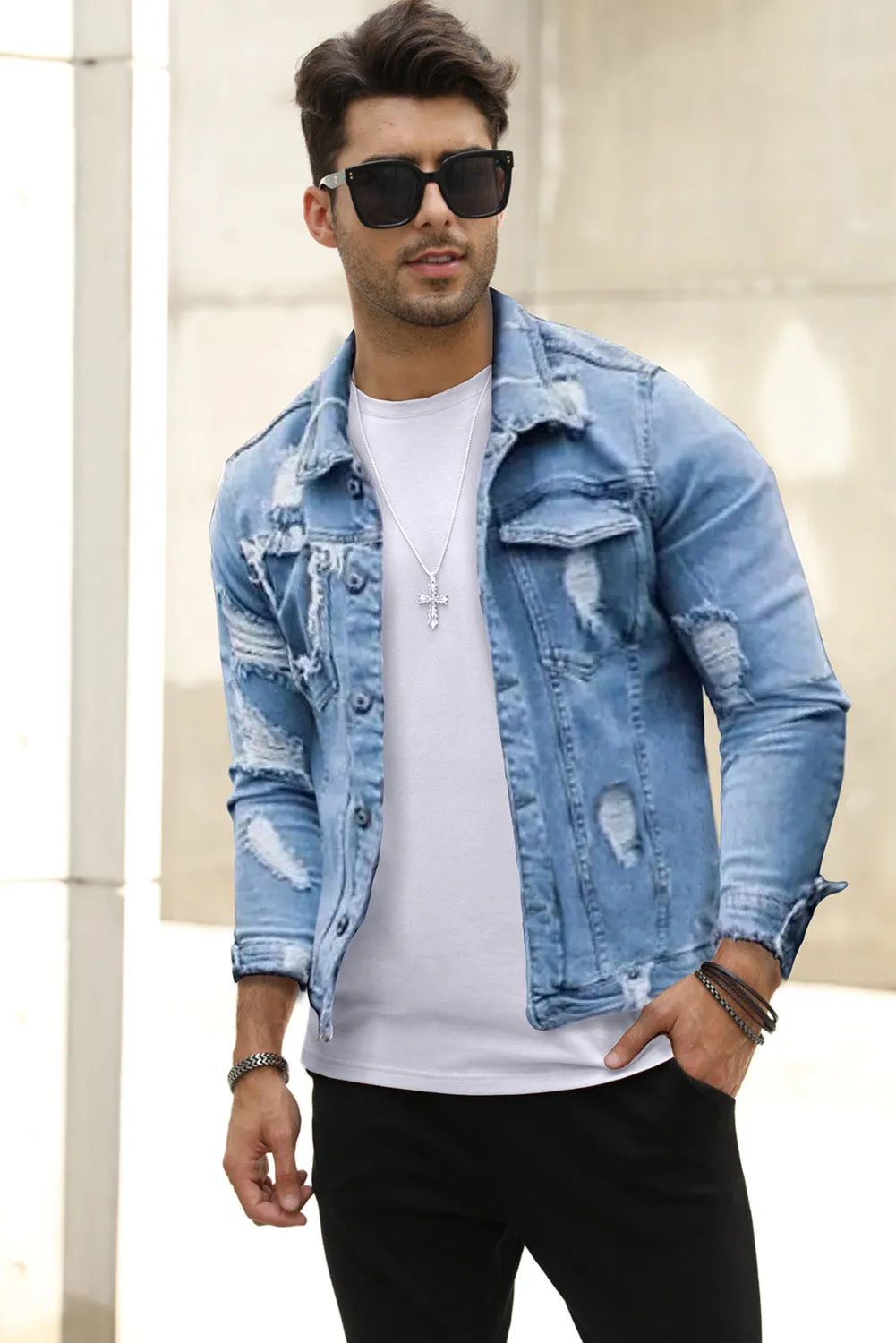 Sky Blue Distressed Buttoned Men's Denim Jackets