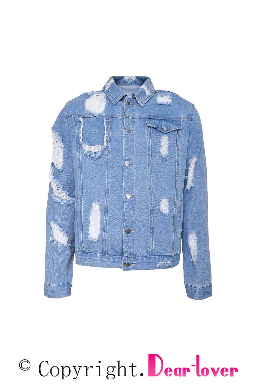 Sky Blue Distressed Buttoned Men's Denim Jackets