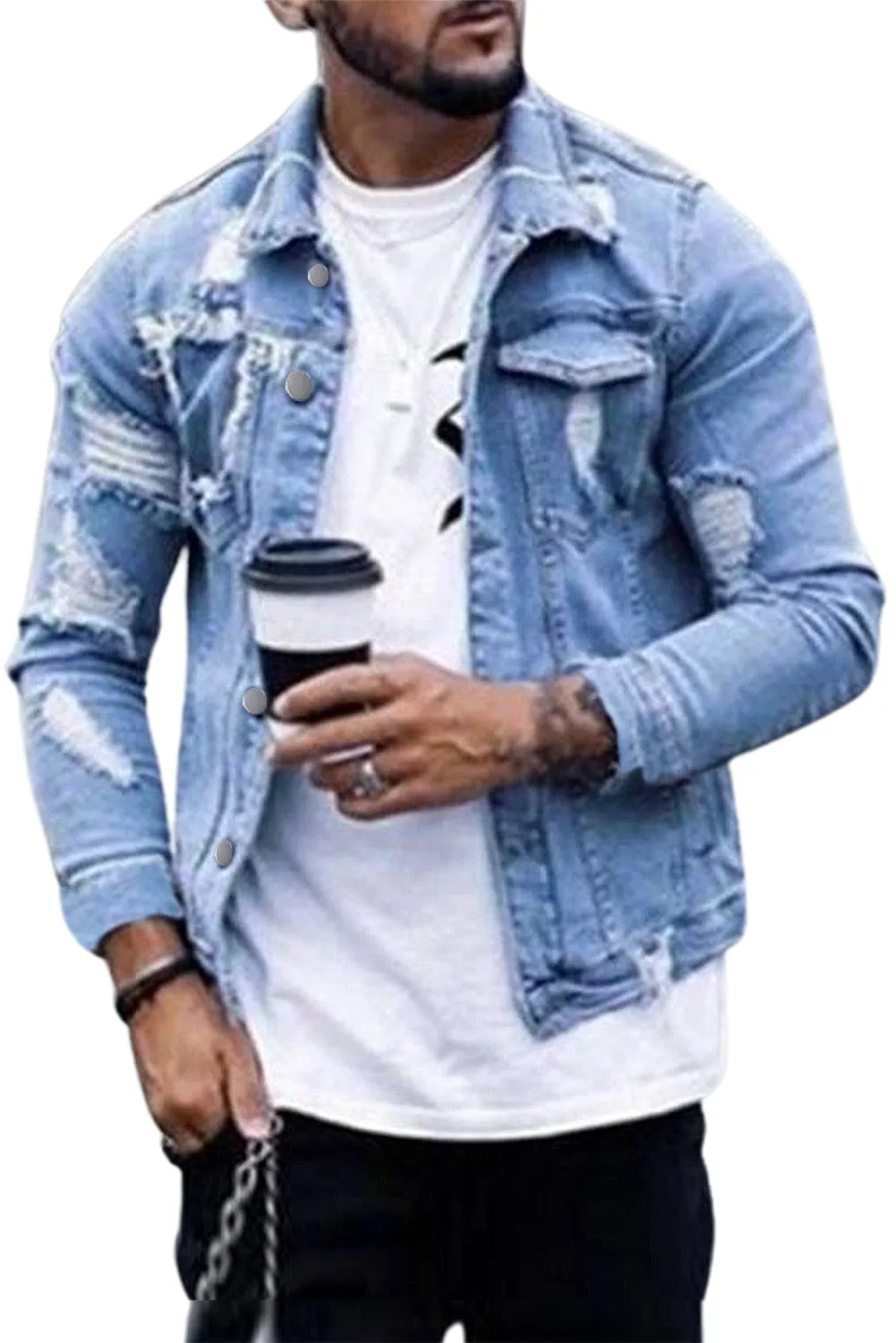 Sky Blue Distressed Buttoned Men's Denim Jackets