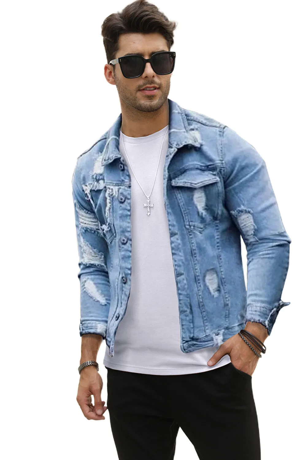 Sky Blue Distressed Buttoned Men's Denim Jackets