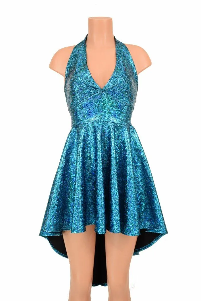 Turquoise Shattered Glass Hi Lo Halter Skater Dress