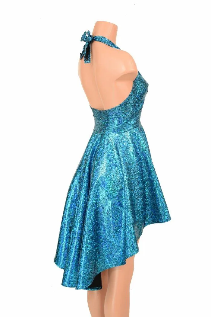 Turquoise Shattered Glass Hi Lo Halter Skater Dress