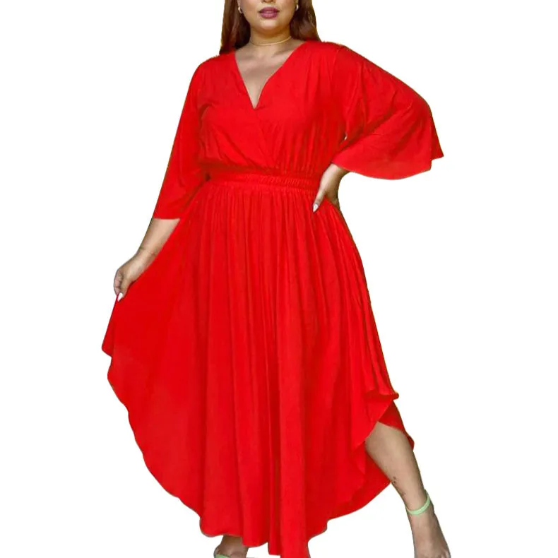 V-Neck Flared Sleeve Women Curvy Flowy Dresses Wholesale Plus Size Maxi Dresses