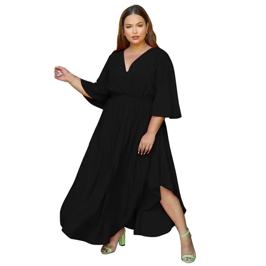 V-Neck Flared Sleeve Women Curvy Flowy Dresses Wholesale Plus Size Maxi Dresses