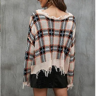 V-Neck Pullover Fashion Women's Checkered Loose Wholesale Knitted Sweater