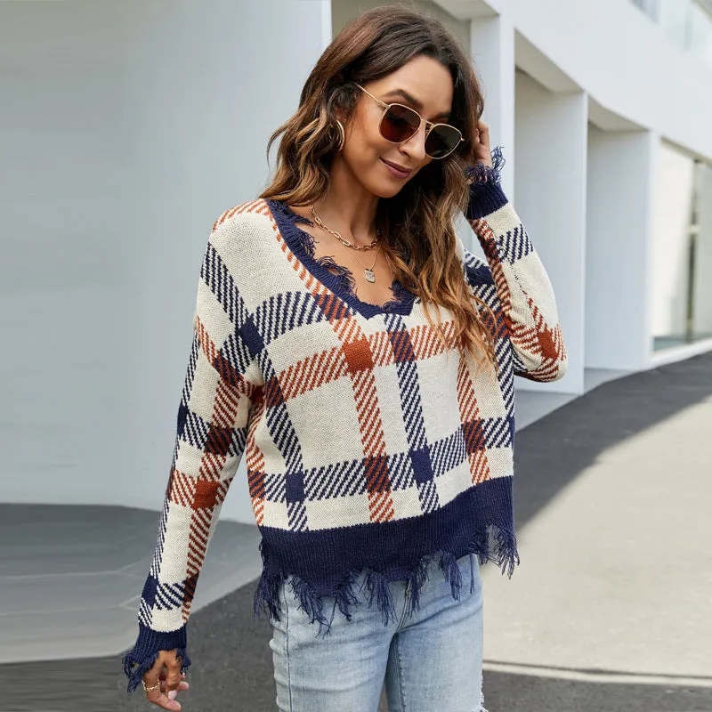 V-Neck Pullover Fashion Women's Checkered Loose Wholesale Knitted Sweater