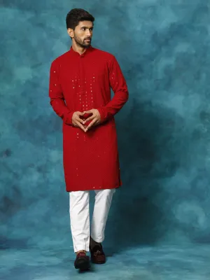 VASTRAMAY Men's Maroon Schiffli Kurta And Pant