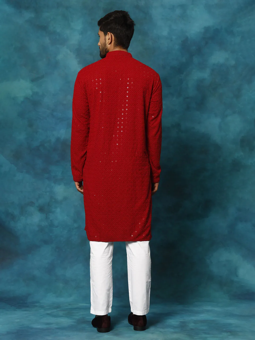 VASTRAMAY Men's Maroon Schiffli Kurta And Pant