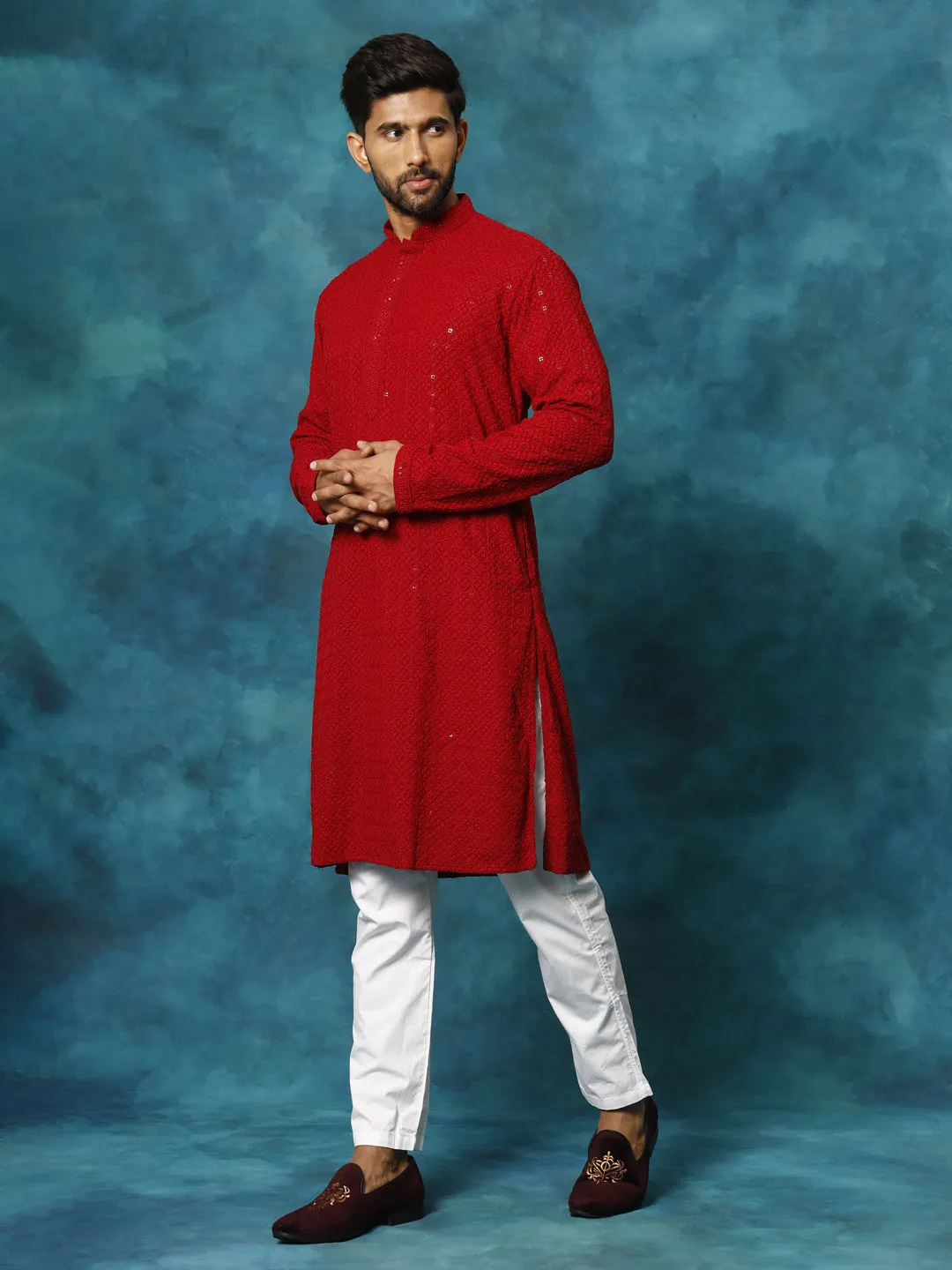 VASTRAMAY Men's Maroon Schiffli Kurta And Pant