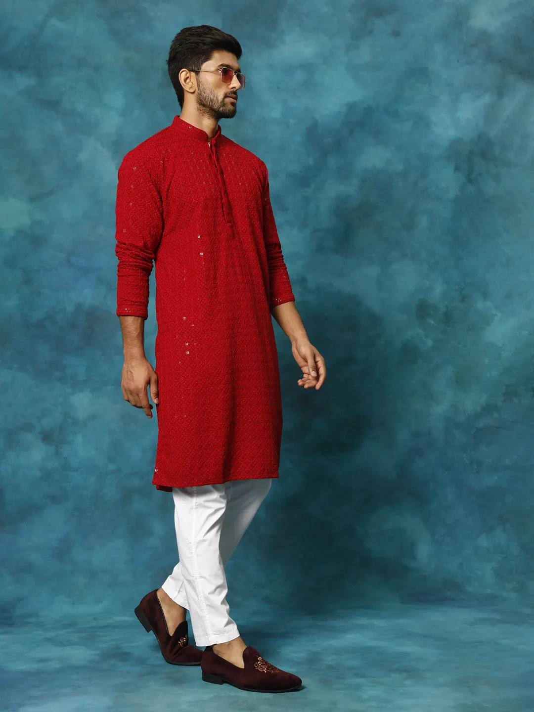 VASTRAMAY Men's Maroon Schiffli Kurta And Pant