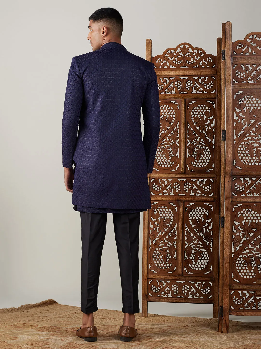 Vastramay Navy Blue Jacquard Indo Set