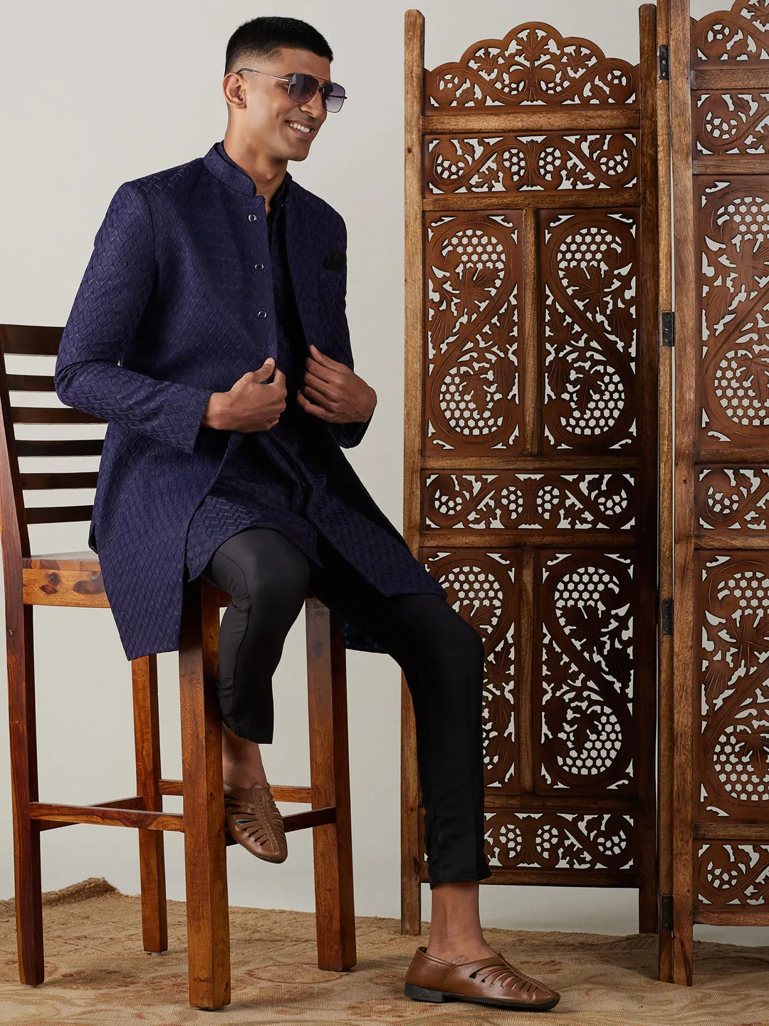 Vastramay Navy Blue Jacquard Indo Set