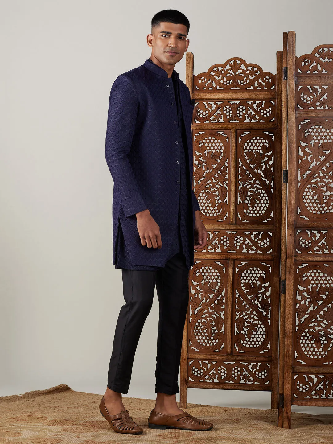 Vastramay Navy Blue Jacquard Indo Set