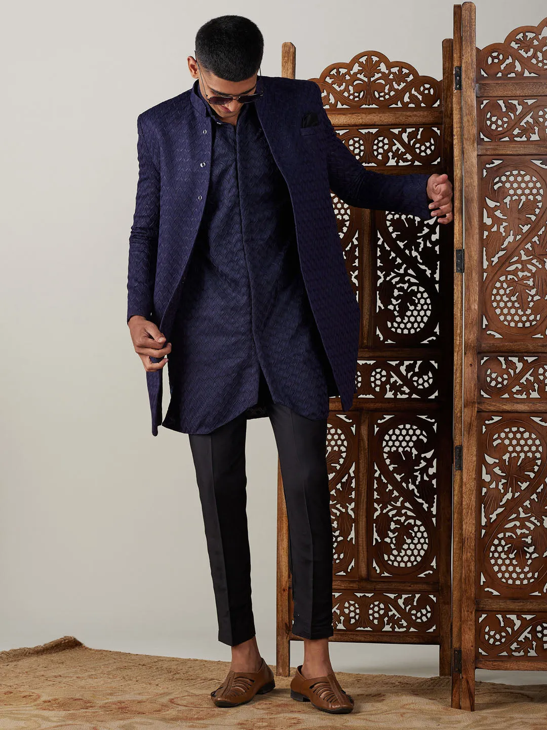 Vastramay Navy Blue Jacquard Indo Set