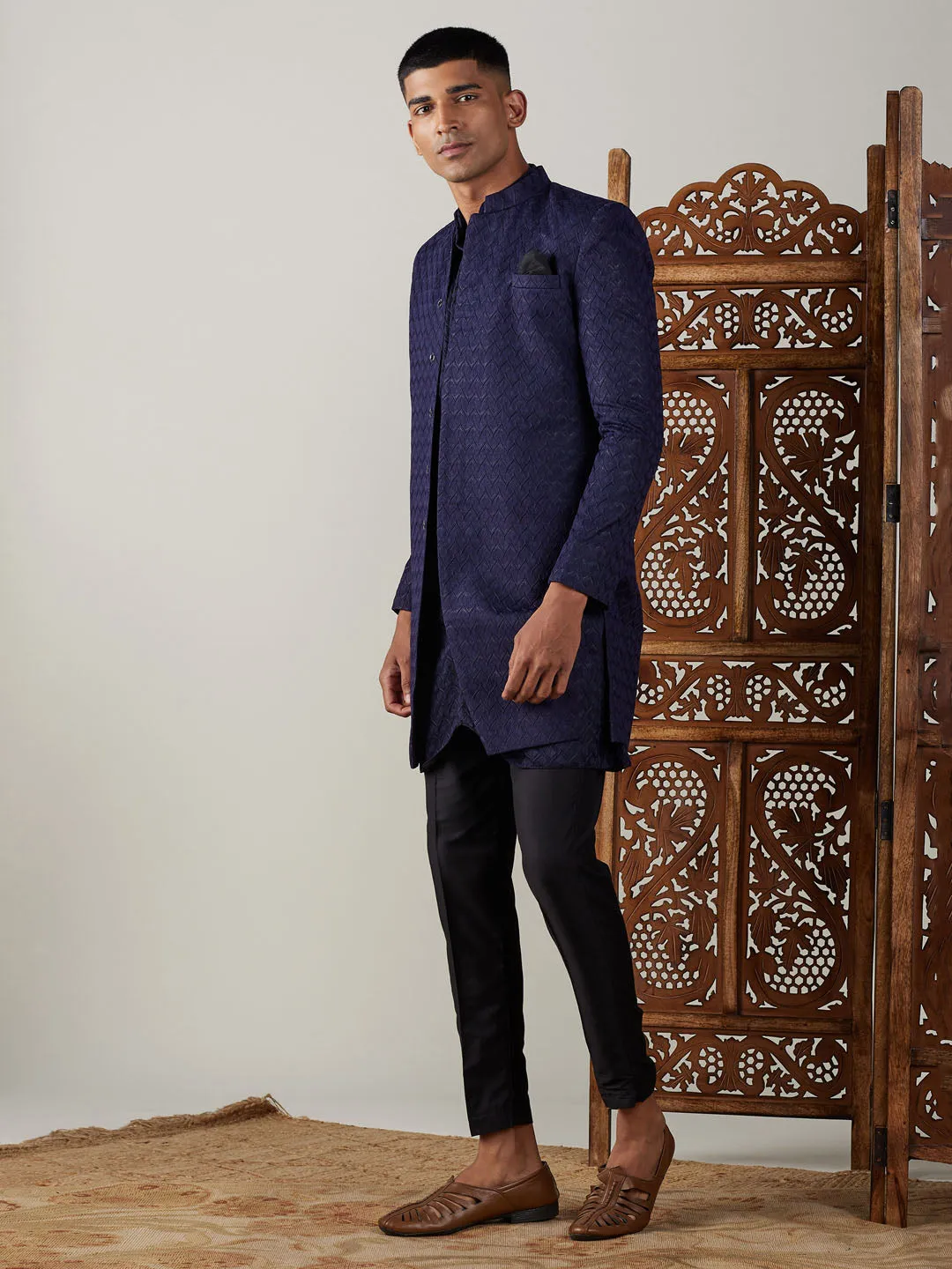 Vastramay Navy Blue Jacquard Indo Set