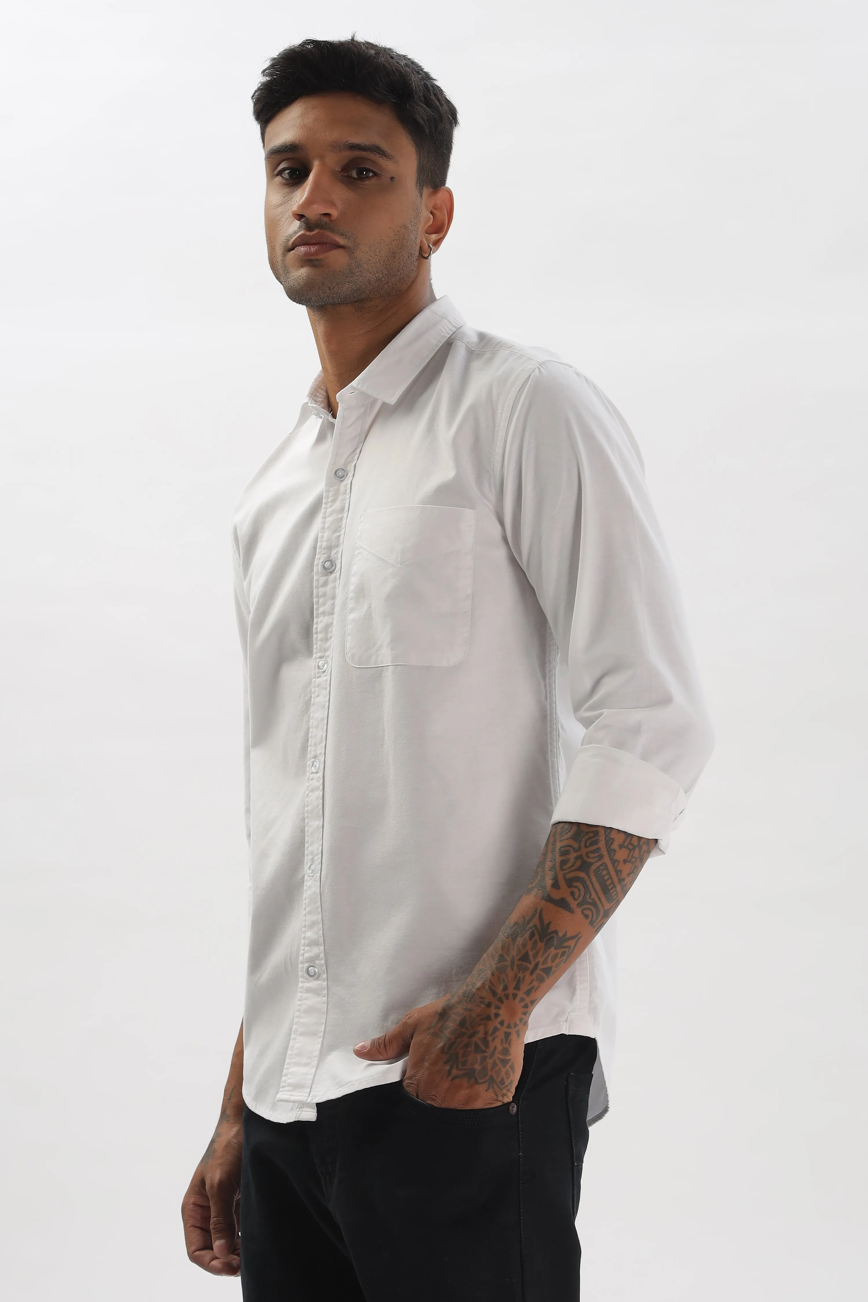 White Regular Fit Plain Full Sleeve Shirt