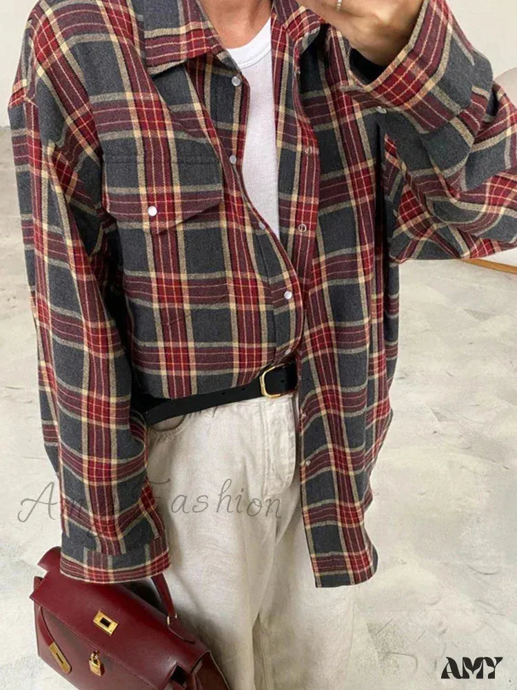 Winter Vintage Oversized Plaid Thick Long Sleeve Blouse