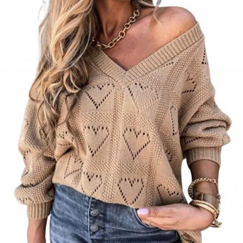 Women Autumn Winter Love Heart Hollow Crochet Sweater Loose V Neck Long Sleeve Casual Knitwear Jumper Rose Red/Pink/Khaki/White