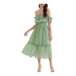 Women Green Floral Chiffon Strapless Summer Dress- M