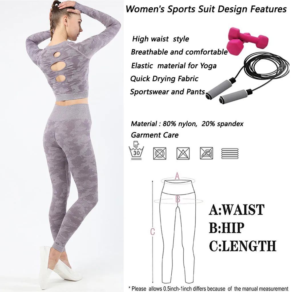 Womens camouflage Workout Tracksuit 2 Pieces Set  Hollow back High Waist Leggings and Long Sleeve Crop Top Yoga Activewear