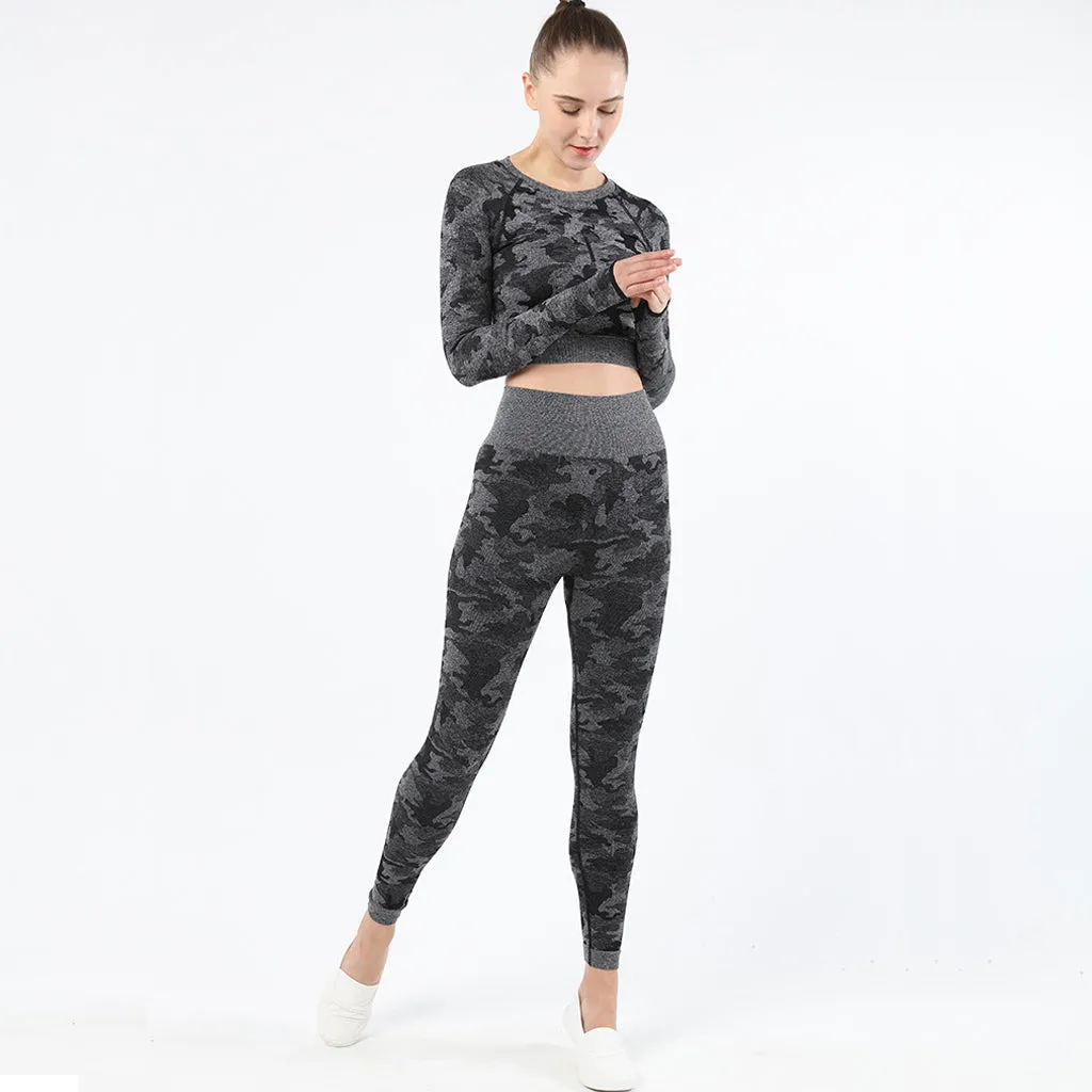 Womens camouflage Workout Tracksuit 2 Pieces Set  Hollow back High Waist Leggings and Long Sleeve Crop Top Yoga Activewear