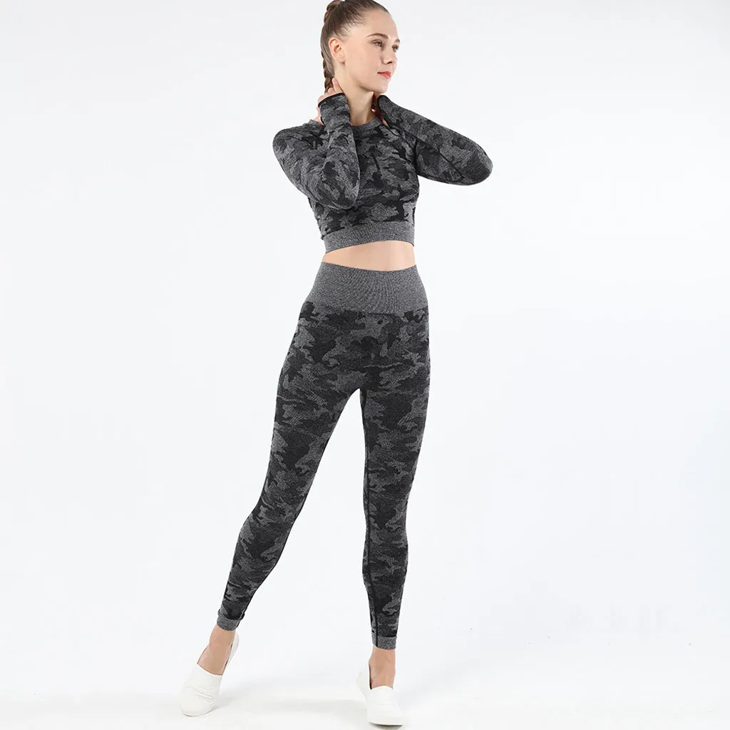 Womens camouflage Workout Tracksuit 2 Pieces Set  Hollow back High Waist Leggings and Long Sleeve Crop Top Yoga Activewear