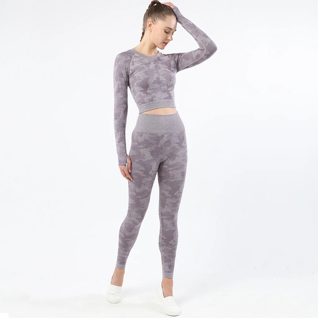 Womens camouflage Workout Tracksuit 2 Pieces Set  Hollow back High Waist Leggings and Long Sleeve Crop Top Yoga Activewear