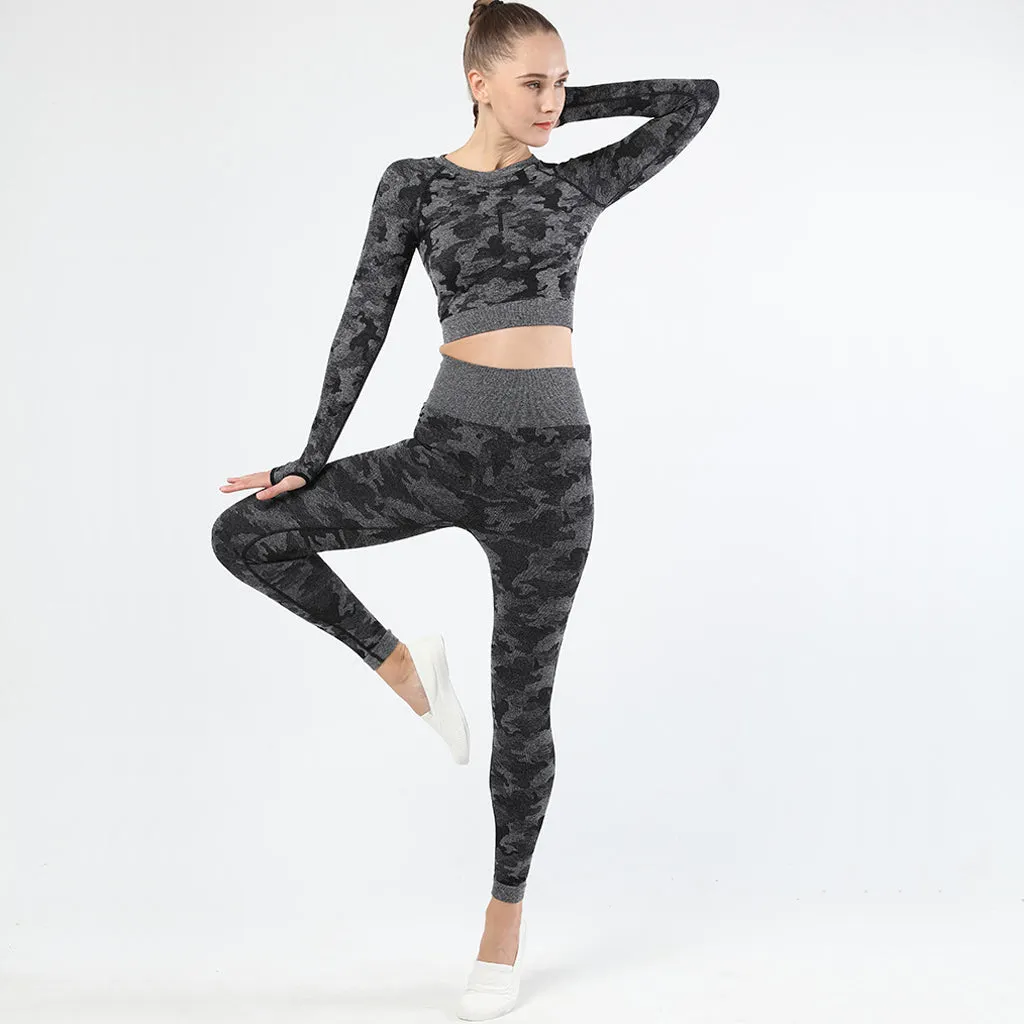 Womens camouflage Workout Tracksuit 2 Pieces Set  Hollow back High Waist Leggings and Long Sleeve Crop Top Yoga Activewear