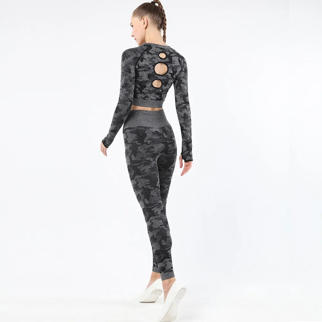 Womens camouflage Workout Tracksuit 2 Pieces Set  Hollow back High Waist Leggings and Long Sleeve Crop Top Yoga Activewear