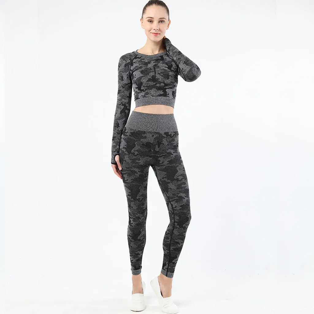 Womens camouflage Workout Tracksuit 2 Pieces Set  Hollow back High Waist Leggings and Long Sleeve Crop Top Yoga Activewear