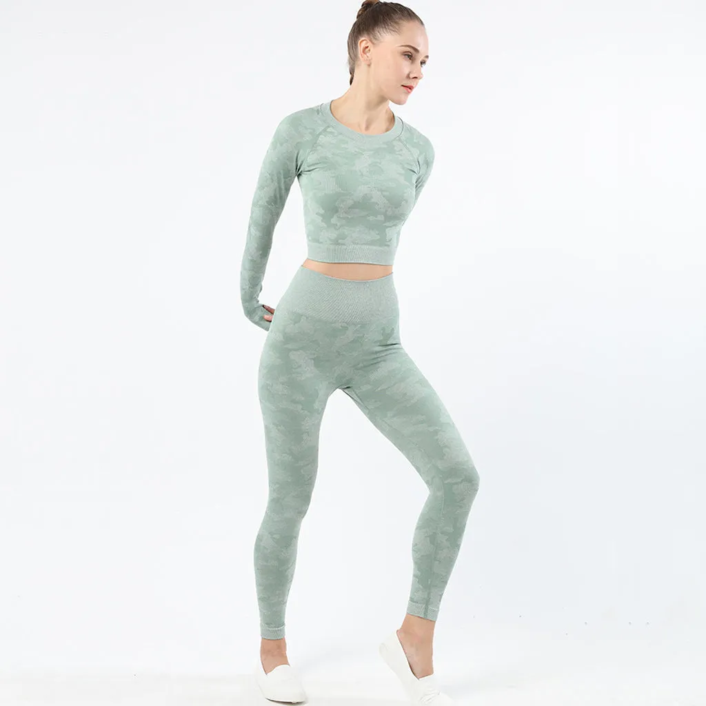 Womens camouflage Workout Tracksuit 2 Pieces Set  Hollow back High Waist Leggings and Long Sleeve Crop Top Yoga Activewear