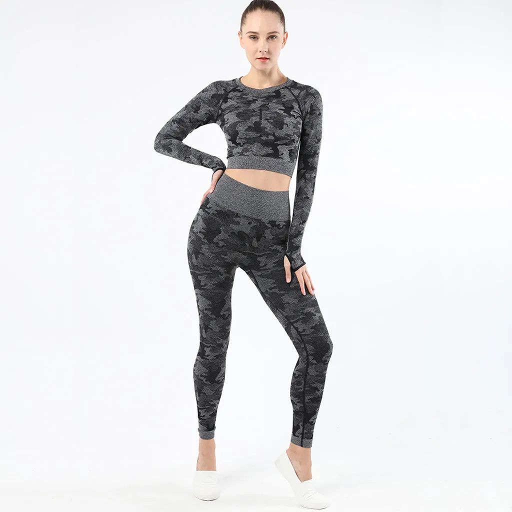 Womens camouflage Workout Tracksuit 2 Pieces Set  Hollow back High Waist Leggings and Long Sleeve Crop Top Yoga Activewear