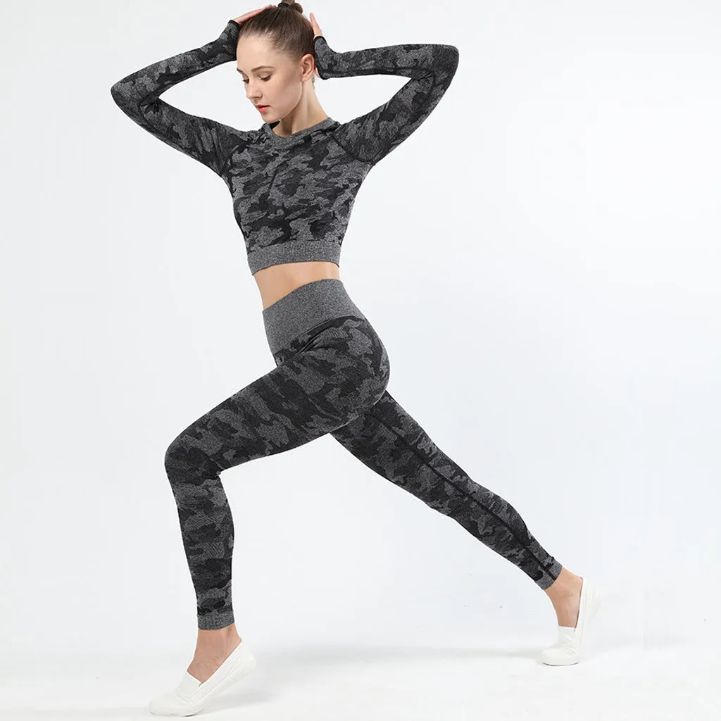 Womens camouflage Workout Tracksuit 2 Pieces Set  Hollow back High Waist Leggings and Long Sleeve Crop Top Yoga Activewear