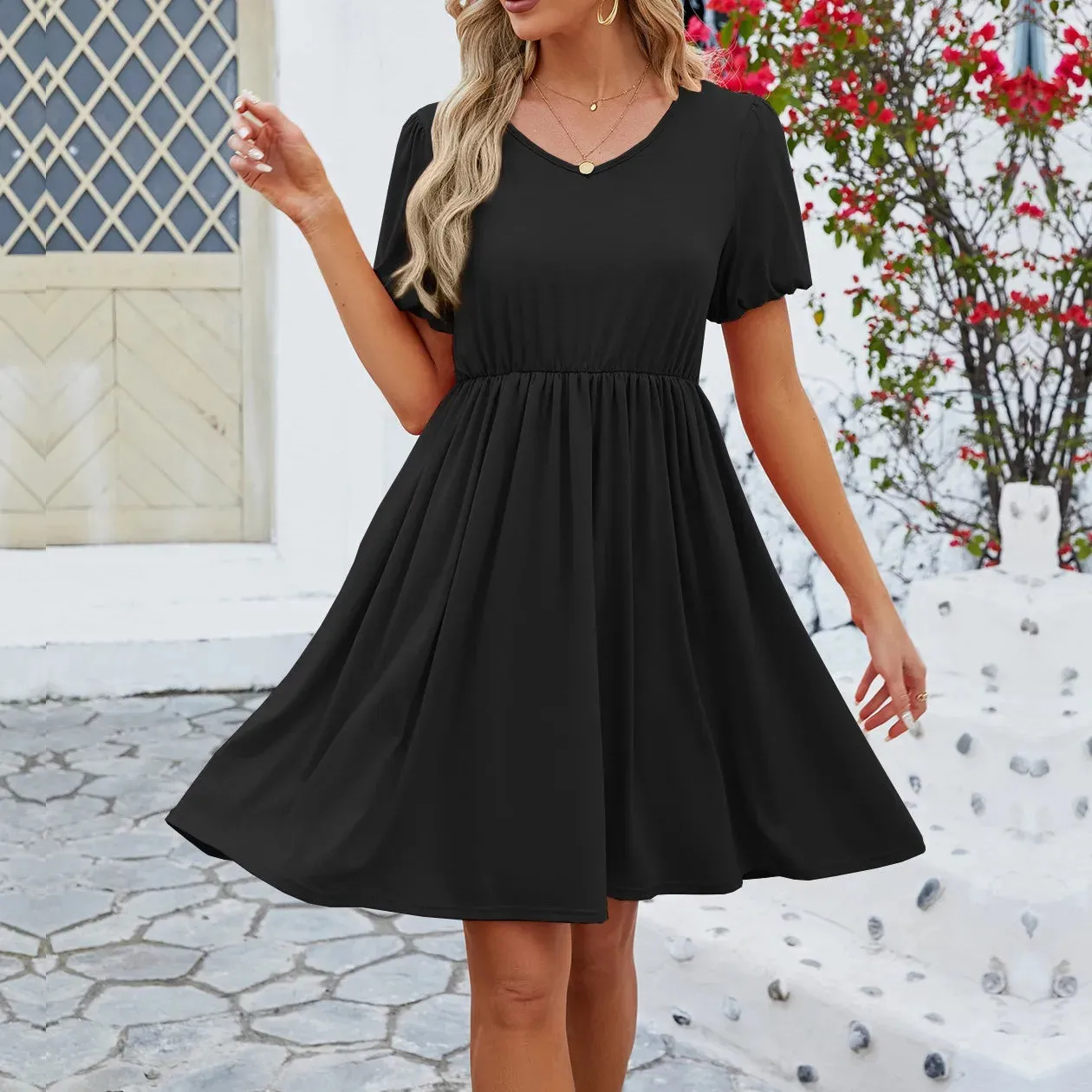 Women's Summer Casual Short Sleeve A-Line Flowy Pleated Mini Dress