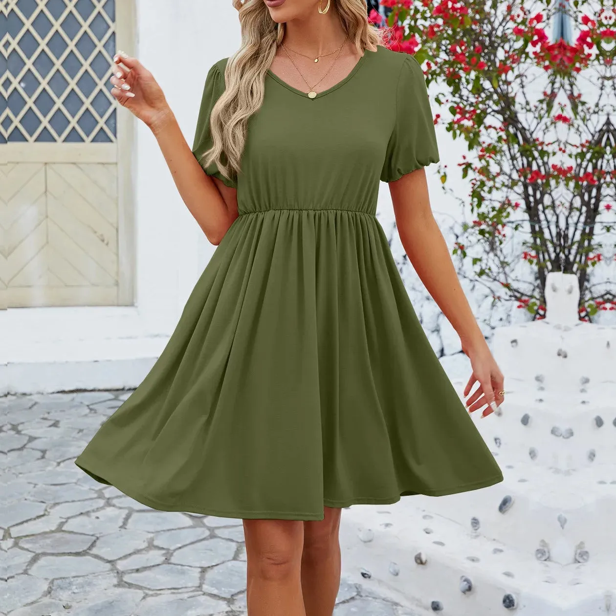 Women's Summer Casual Short Sleeve A-Line Flowy Pleated Mini Dress