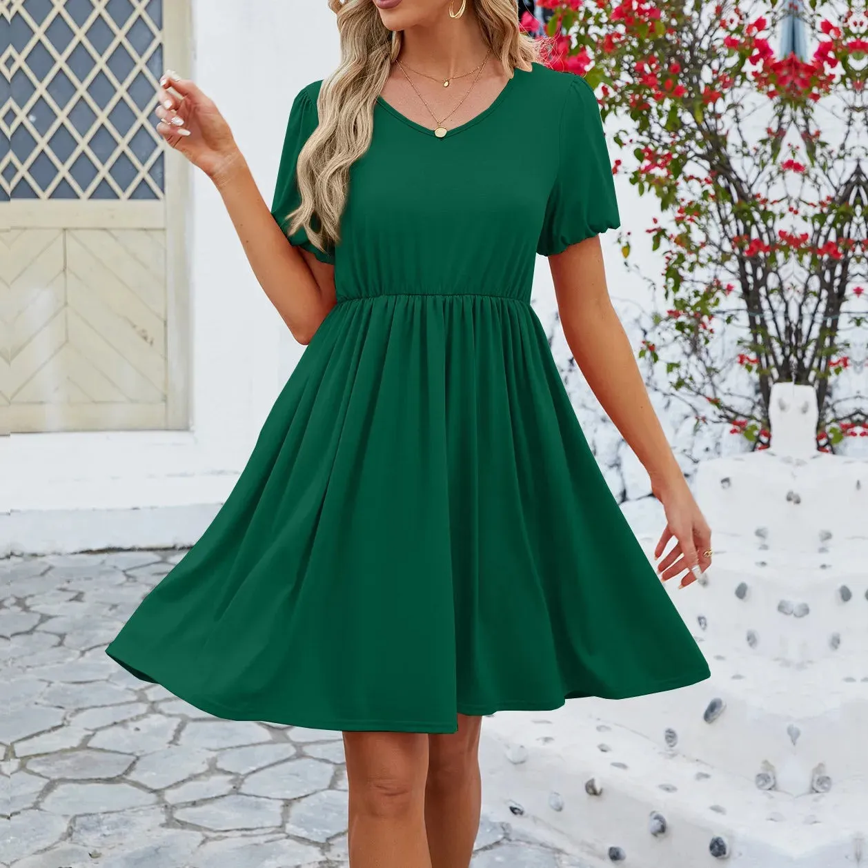 Women's Summer Casual Short Sleeve A-Line Flowy Pleated Mini Dress