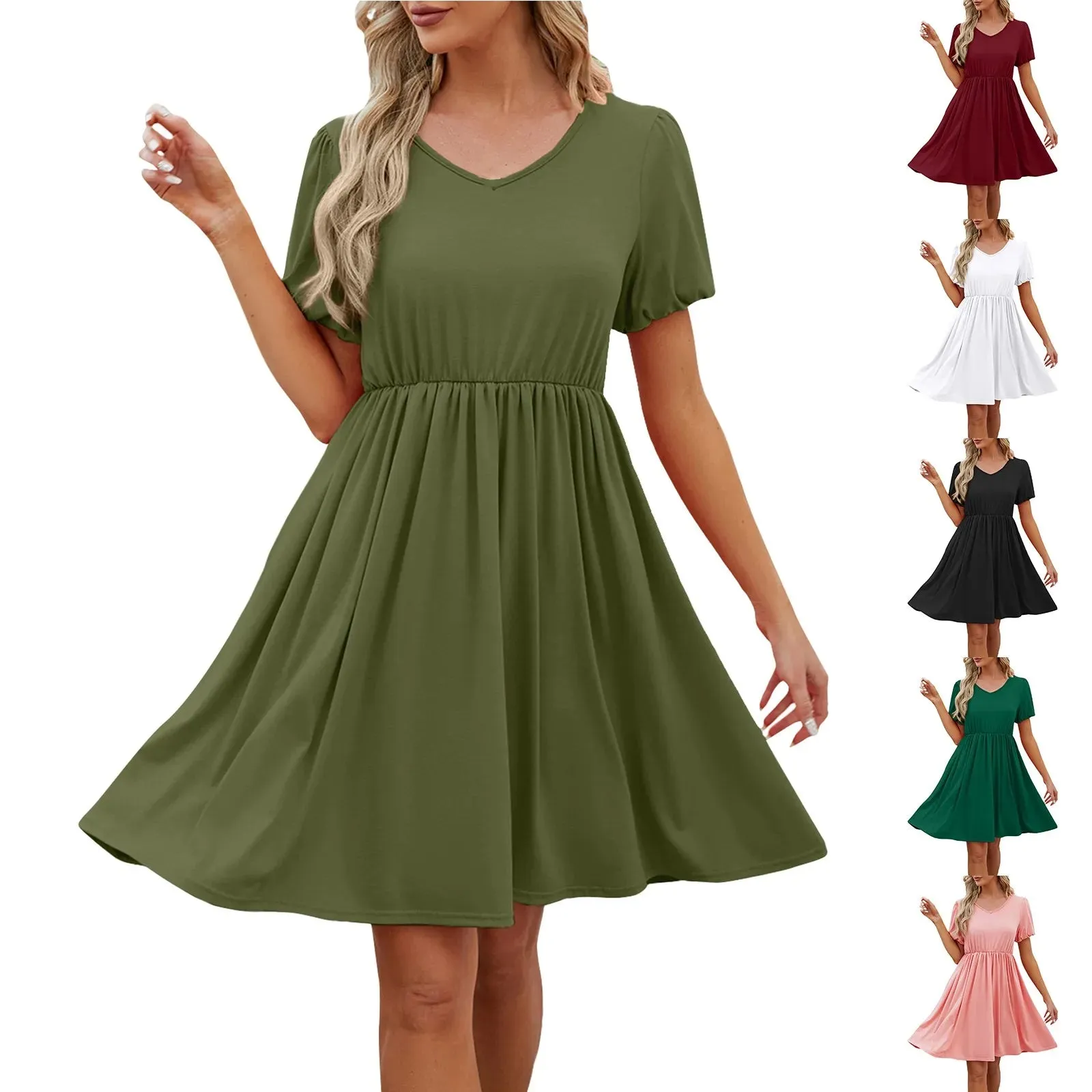 Women's Summer Casual Short Sleeve A-Line Flowy Pleated Mini Dress