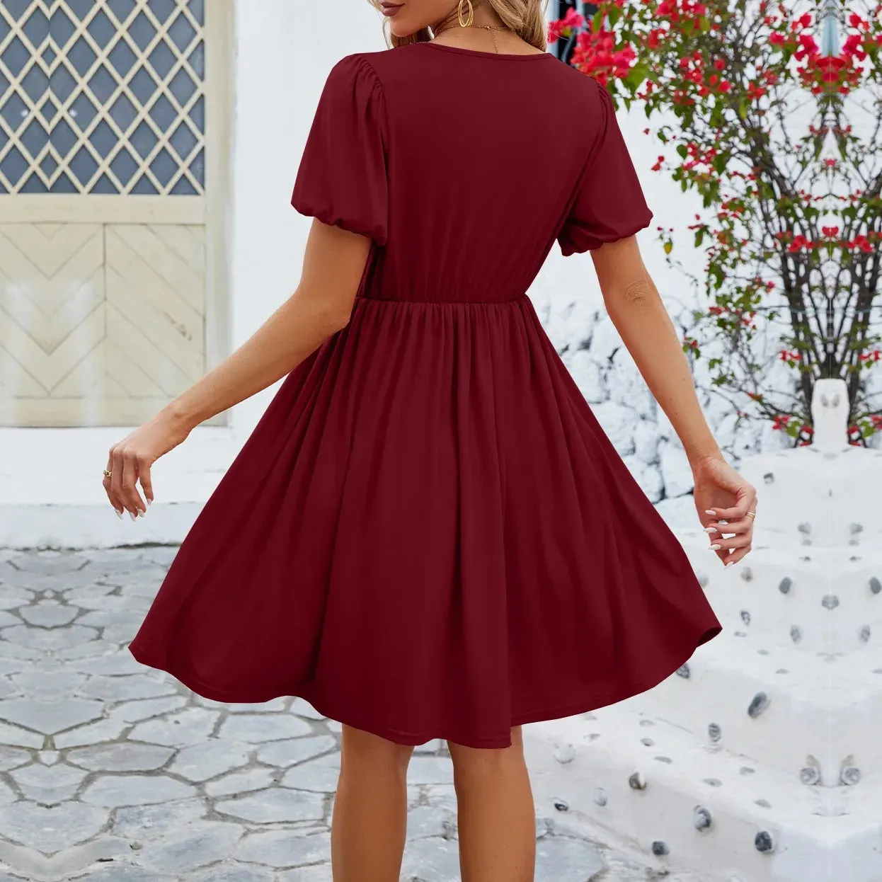 Women's Summer Casual Short Sleeve A-Line Flowy Pleated Mini Dress