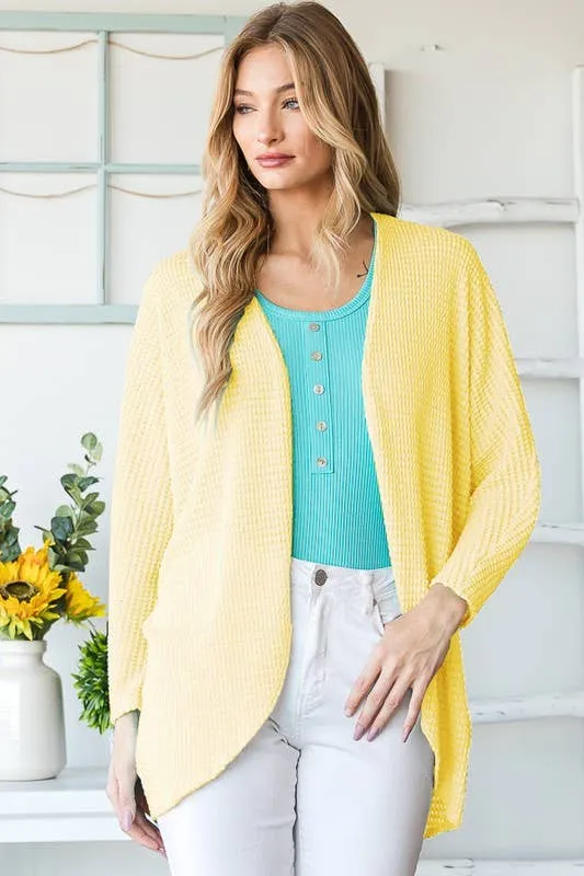 Yellow Waffle Dolman Long Sleeve Open Cardigan