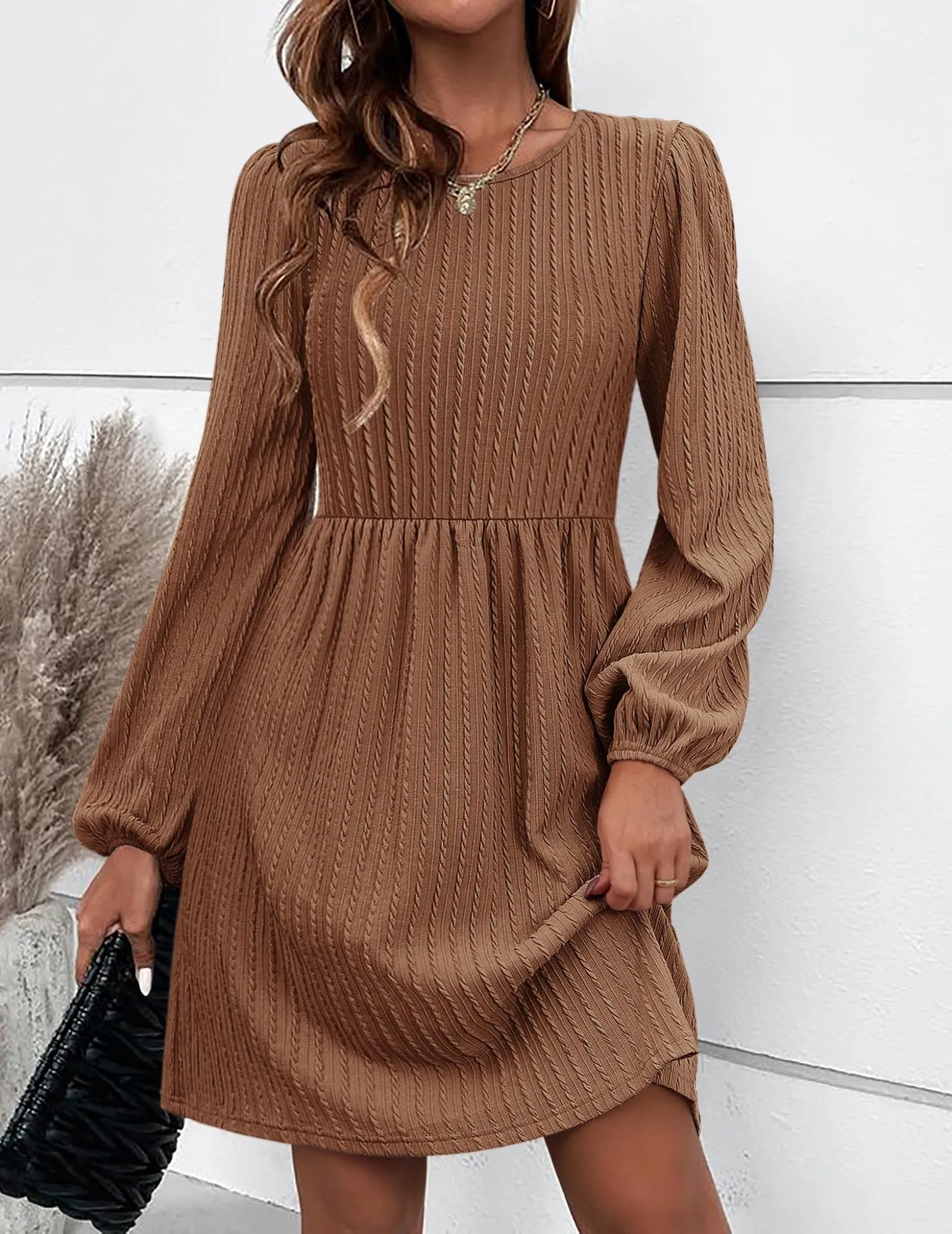 Zeagoo Women Casual Flowy Dresses Womens Fall Knit Sweater Dress Long Lantern Sleeve Dresses with Pockets Womens Short Tunic Dresses Brown Large