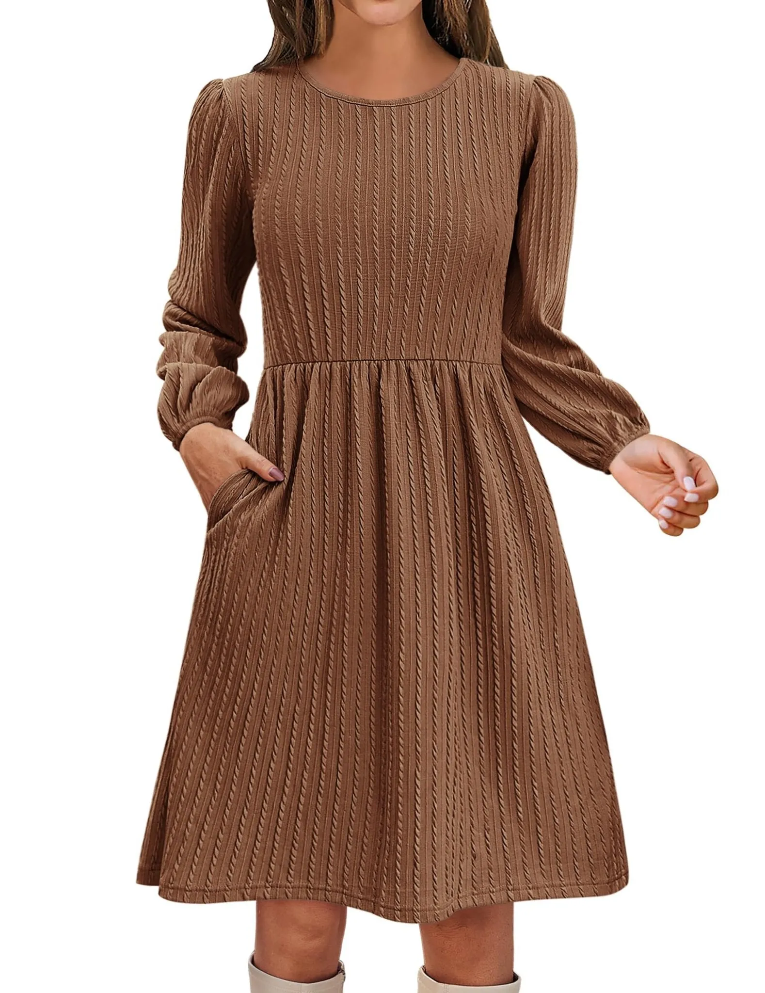 Zeagoo Women Casual Flowy Dresses Womens Fall Knit Sweater Dress Long Lantern Sleeve Dresses with Pockets Womens Short Tunic Dresses Brown Large